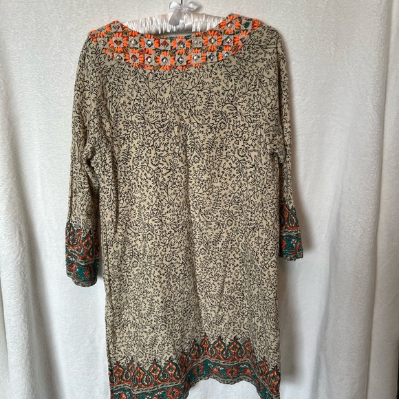 Lucky Brand Embroidered Boho Shift Dress Medium Tan Orange Green - Picture 7 of 15